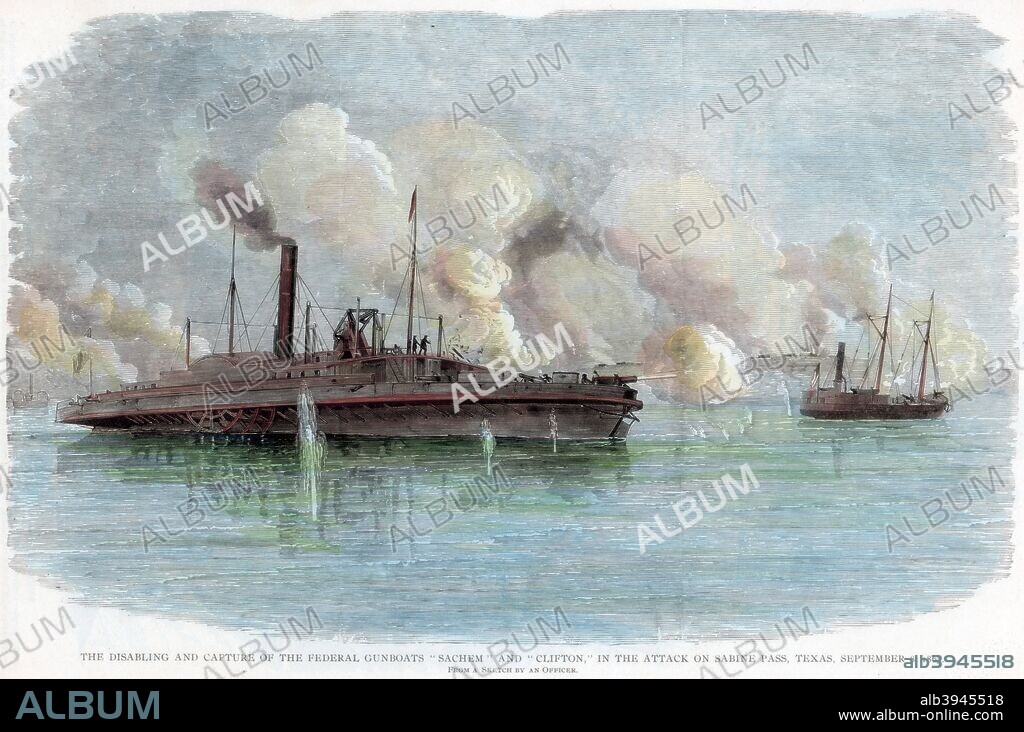 The attack on Sabine Pass, Texas, American Civil War, 8 September 1863. The disabling and capture of the Federal gunboats 'Sachem' and 'Clifton' during the Second Battle of Sabine Pass. From a sketch by an officer.