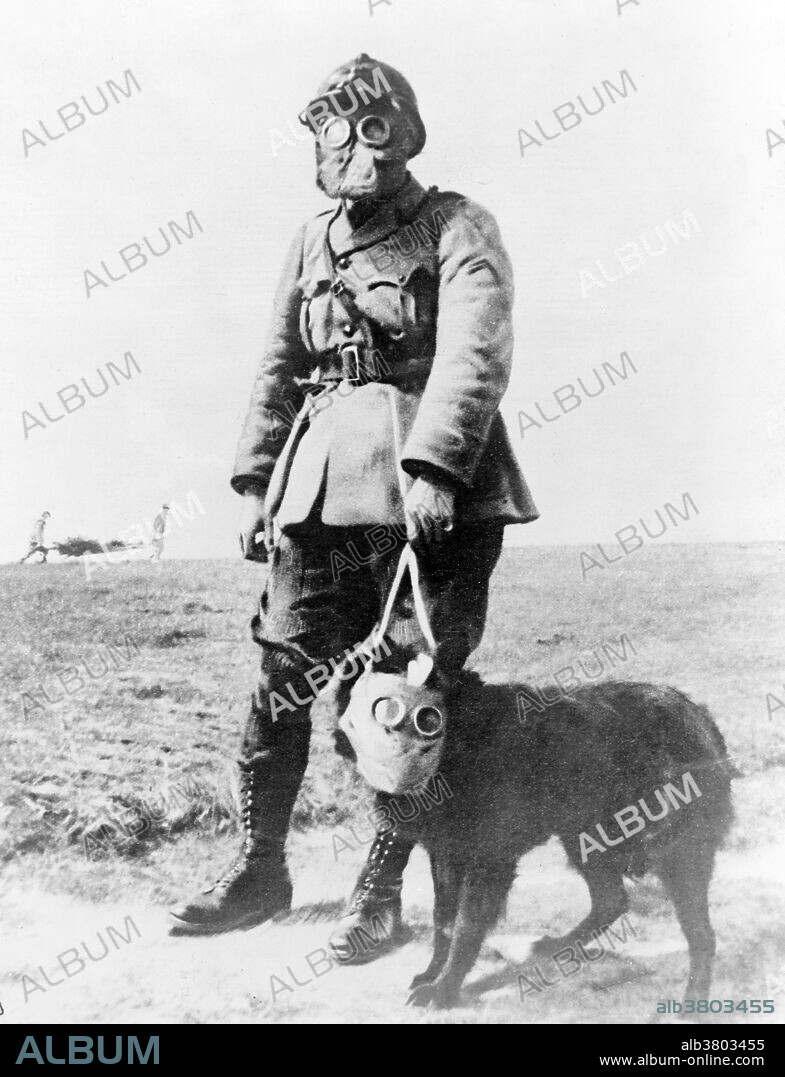 A French sergeant and a dog, both wearing gas masks, on their way to the front line. Circa 1914-18. The first use of poison gas on the Western Front was on April 22, 1915, by the Germans at Ypres, against Canadian and French colonial troops. The British Royal Society of Chemistry claims that British scientist Edward Harrison developed the first practical gas mask for mass production towards the end of 1916. American chemist and inventor James Bert Garner is credited by American sources with the invention of the gas mask in April 1915. He remembered experiments he had performed while teaching at the University of Chicago, thus he set about creating the first gas mask which he tested on two of his associates in a gas filled chamber. Following the successful completion of the test, he provided the results to the British government. Since dogs were frequently used on the front lines, a special type of gas mask was developed that dogs were trained to wear. Additionally, gas masks were developed during World War One and the time following for horses in the various mounted units that operated near the front lines.