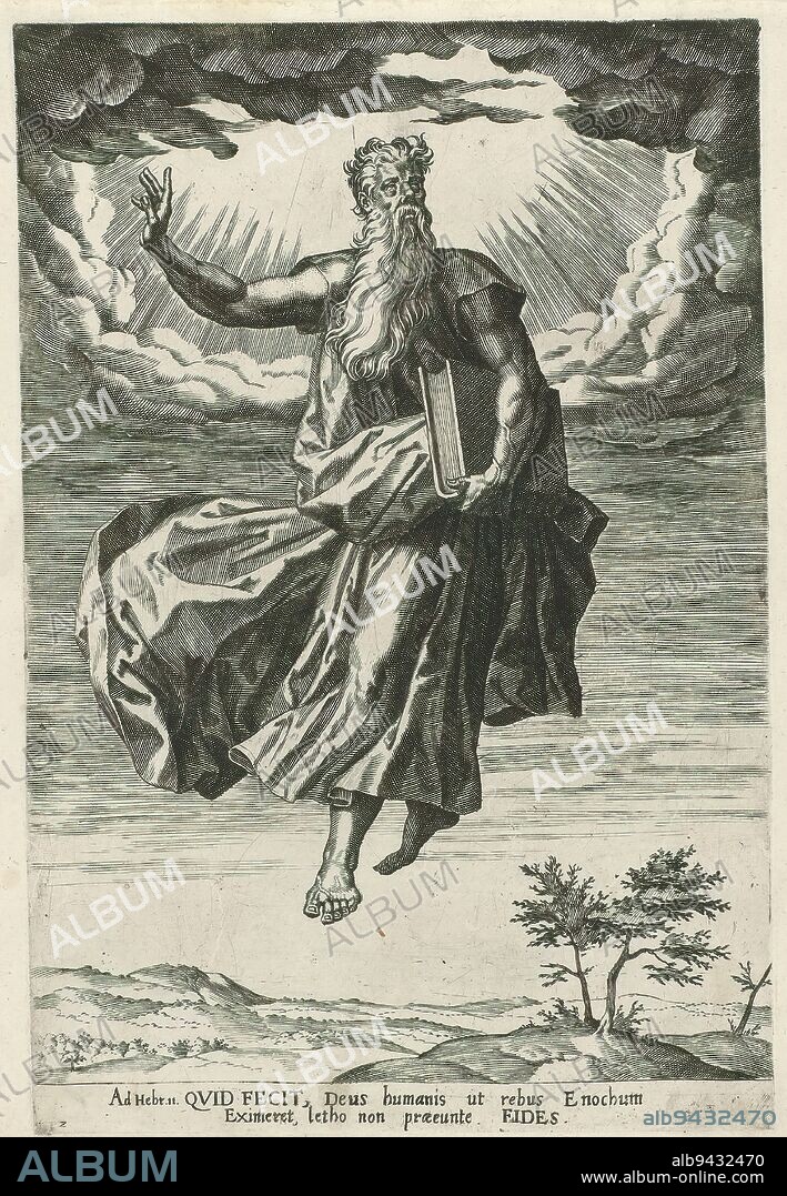 Ascension of Enoch, The Epistle to the Hebrews chapter 11 (series title), Enoch floats above the earth with a book under his arm and is surrounded by rays of light and clouds. Below the image is a two-line text in Latin, numbered mirrored in the left margin: 2. The print is part of a series of prints on The Letter to the Hebrews chapter 11., print maker: Pieter Jalhea Furnius, 1550 - 1625, paper, engraving, height 295 mm × width 197 mm.