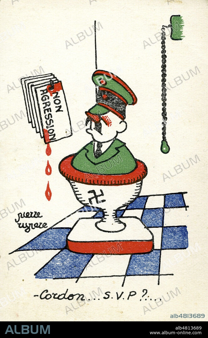 HITLER plonge dans un W.C. avec le pacte de non agression en guise de papier toilette. Caricature par Pierre Zyrere pour une carte postale vers 1940. Credit : IM/KHARBINE-TAPABOR.
