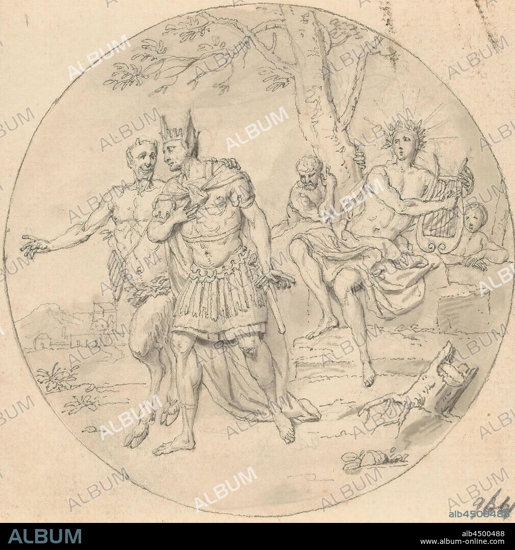 Apollo and King Midas with donkey ears (in box with 43 drawings), contest between Apollo and Pan with the mountain god Tmolus as judge, i.e. judgment of Midas, Midas often represented with ass's ears, Louis Fabritius Dubourg, 1703 - 1775, paper, ink, pencil, brush, h 95 mm Ã— w 94 mm.