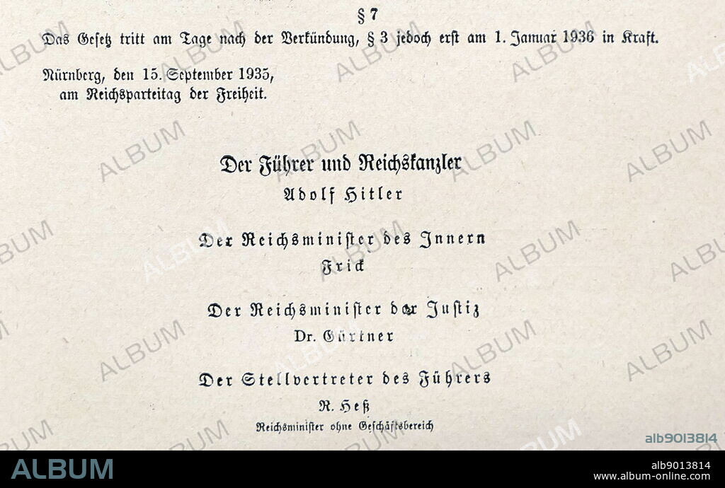 The Nuremberg Laws (Nürnberger Gesetze) were anti-Semitic laws in Nazi Germany in 1935. The preamble states that the law is intended "to conserve the purity of German blood. 'Marriages as well as extra-marital relations between Jews and per-sons of German or cognate blood are forbidden. Jews may not employ in their homes female persons of German or cognate blood Under 45 years of age. Jews are not allowed to display the colours of the Reich or to hoist the national flag. Severe penalties will be imposed for violation of this law'.