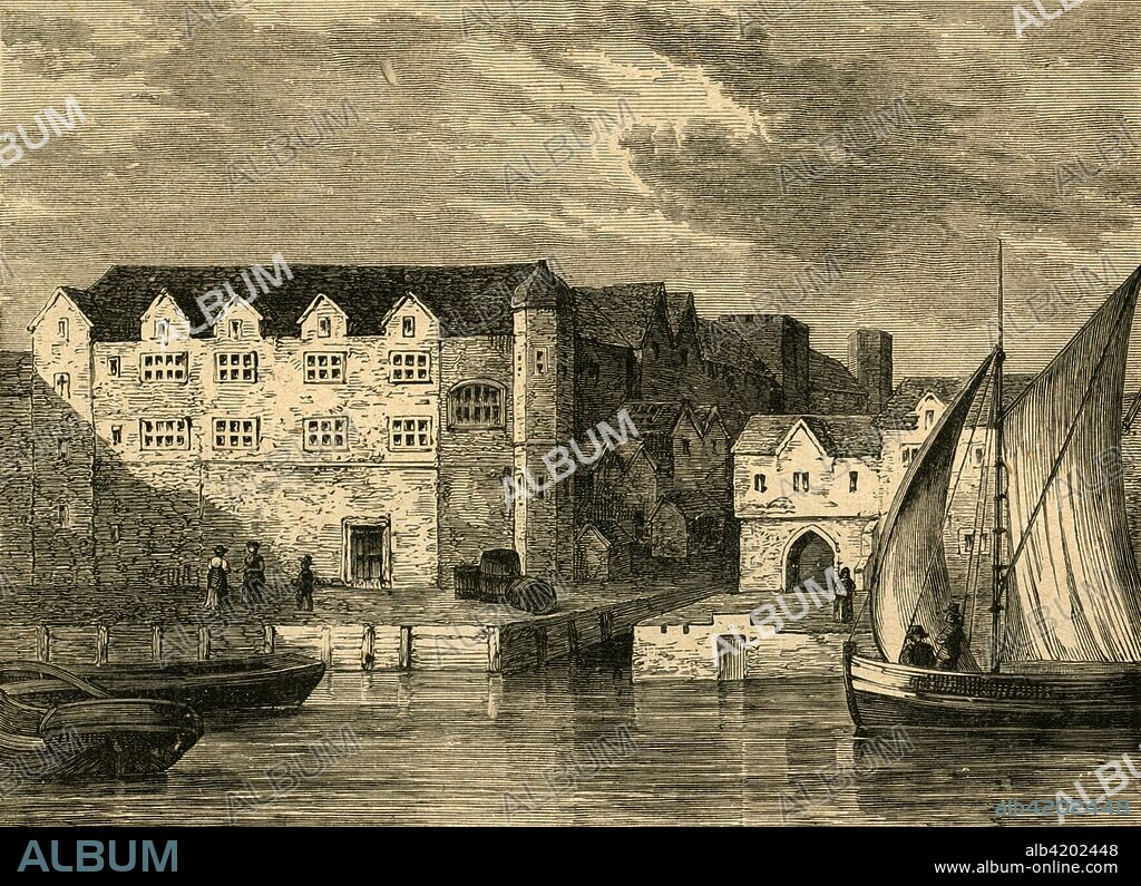 'Bridewell in 1666', (1897). Bridewell Palace, on the banks of the Fleet River between Fleet Street and the River Thames, was built as the main London residence of King Henry VIII. Most of the palace was destroyed in the Great Fire of London, and rebuilt in 1666-1667. It was variously an orphanage, place of correction for wayward women, prison, school and a poorhouse. It was closed in 1855. From Old and New London, Volume I, by Walter Thornbury. [Cassell and Company, Limited, London, Paris & Melbourne, 1897].