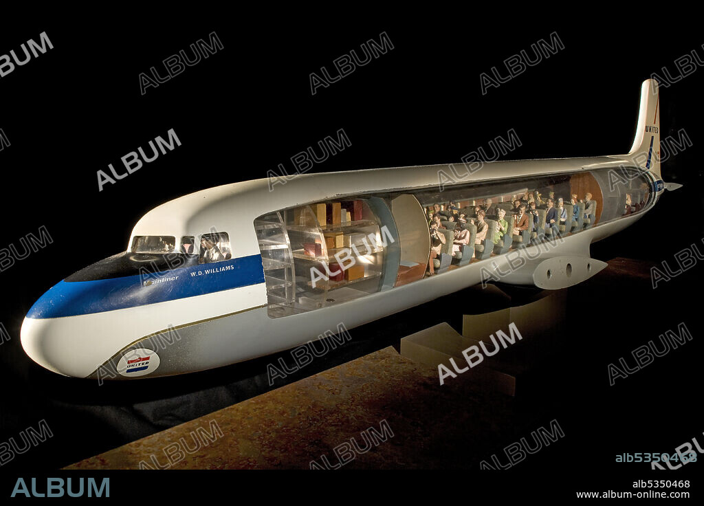 Model, Static, Douglas DC-7 Mainliner, United Air Lines, ca. 1955. Resin and plastic cutaway manufacturer's model of a Douglas DC-7 Mainliner airliner in United Air Lines livery of white upper and gray lower surfaces. 1:24 scale.