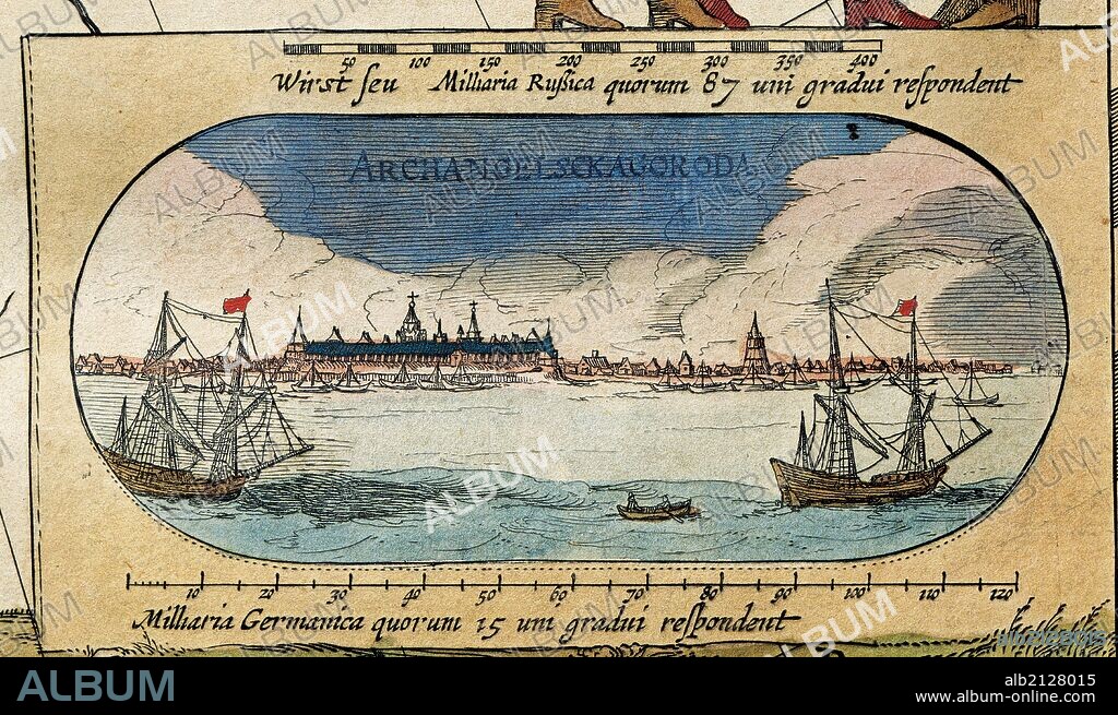 HISTORIA DE RUSIA. ARKHANGELSK. Ciudad de Rusia, situada en la margen derecha de la desembocadura del río Dvina. Su gran auge tuvo lugar durante los siglos XVII y XVIII, época en que era el centro de las construcciones navales de Rusia. Grabado de "LE THEATRE DU MONDE" o "NOUVEL ATLAS" e Guillaume et Jean Blaeu. Amsterdam, año 1645.