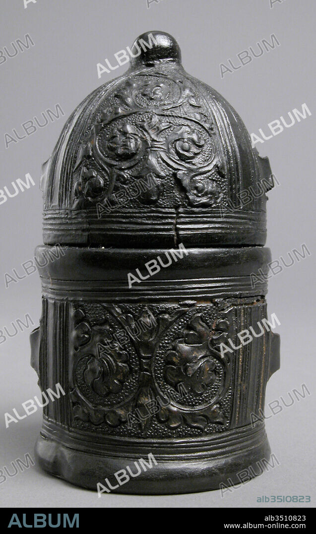 Box, 15th century, Italian, Leather (Cuir bouilli), on wood core with textile interior, traces of gilding, Overall: 4 3/4 x 2 5/8 in. (12 x 6.7 cm), Leatherwork, This tooled leather box served as an inkwell. Other boxes of similar construction but different shape were used for holding quills, rulers, or knives and for storing ink pigments and pounce (powder for drying a page).