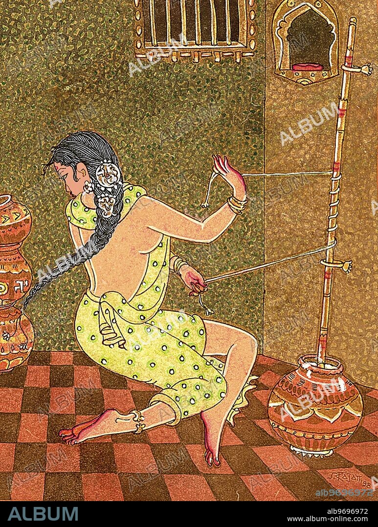 India: Artist S. Rajam - Woman - Hindu belief - Hindu - Hinduism - art - Himalayan Academy art - garlands - housewife - Indian woman - Hindu woman - home - domestic - housekeeping - cooking - wife - India - Indian art - Hindu art - religion - Hindu religion.