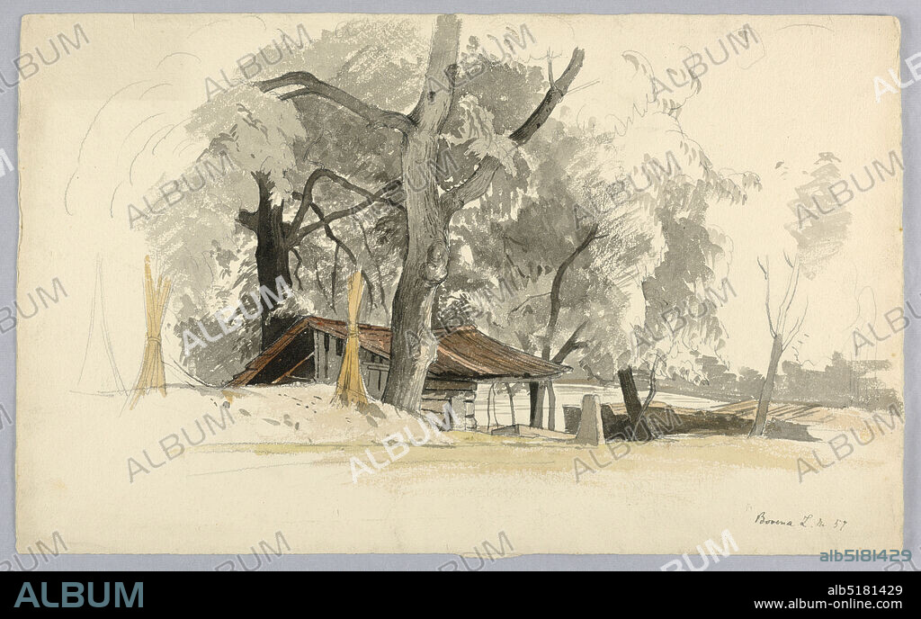 Study of landscape, Baveno, Lake Maggiore, Italy, William Stanley Haseltine, American, 18351900, Brush and watercolor, graphite on paper, Sketch of a cabin in a forest., Baveno, Lake Maggiore, Italy, September 1857, landscapes, Drawing, Drawing.