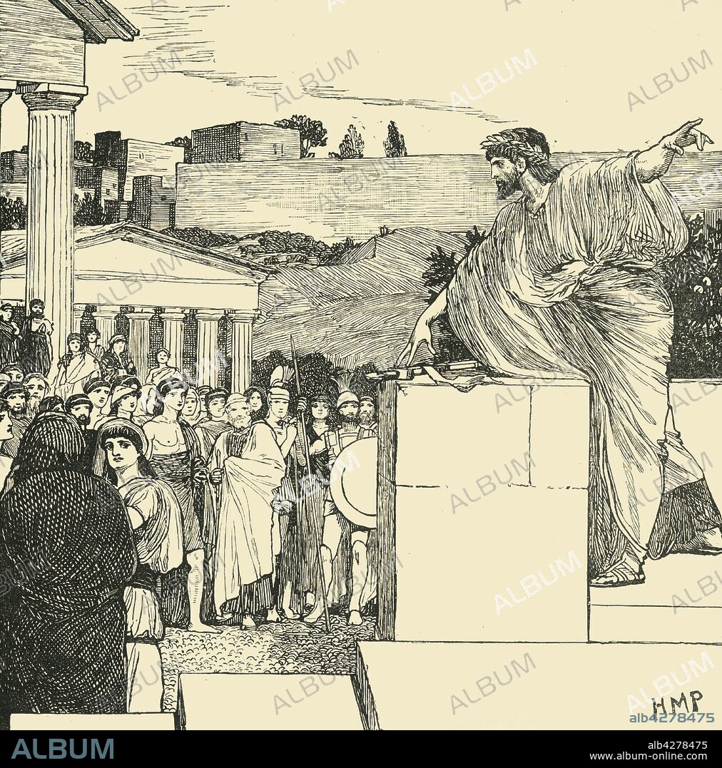 'An Oration of Demosthenes', 1890. Demosthenes (384-322 BC), Greek statesman and orator, worked as a professional speech-writer and lawyer. His orations provide insight to the politics and culture of ancient Greece in the 4th century BC. From "Cassell's Illustrated Universal History, Vol. I - Early and Greek History", by Edmund Ollier. [Cassell and Company, Limited, London, Paris and Melbourne, 1890].