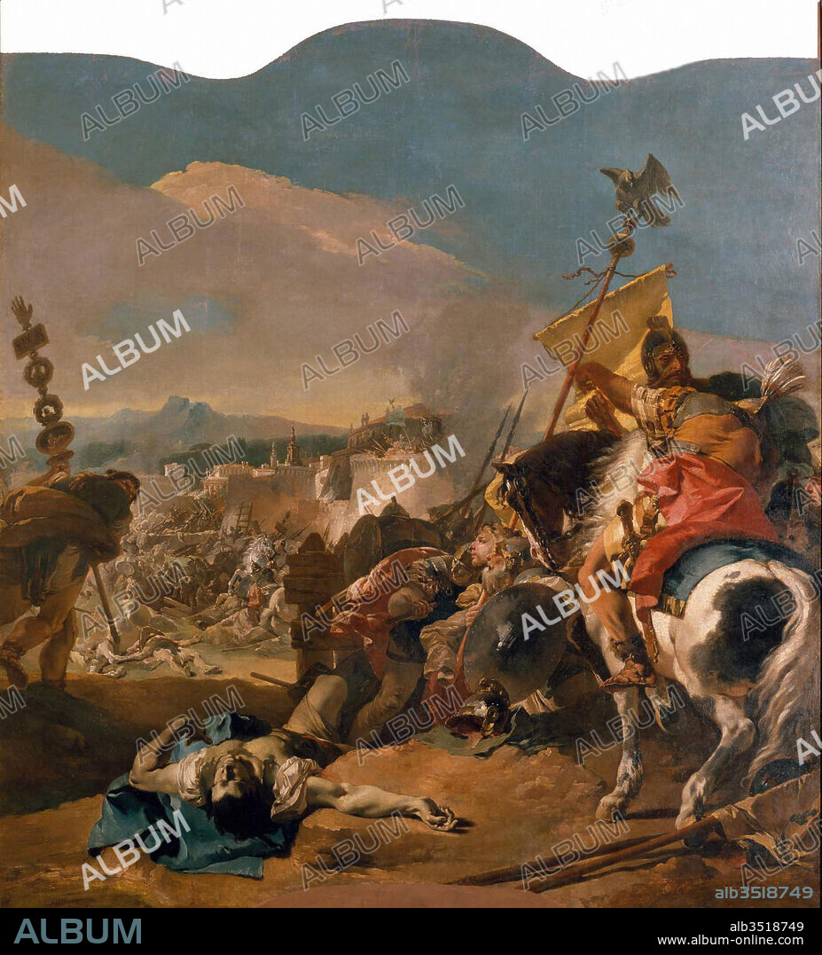 The Capture of Carthage, 1725–29, Oil on canvas, Irregular painted surface, 162 x 148 3/8 in. (411.5 x 376.9 cm), Paintings, Giovanni Battista Tiepolo (Italian, Venice 1696–1770 Madrid), This painting is from a series of ten magnificent canvases painted to decorate the main room of Ca’ Dolfin, Venice. The subject has been variously identified. It probably shows the capture of Carthage by Cornelius Scipio Aemilianus (known as Scipio Africanus the Younger) in 146 B.