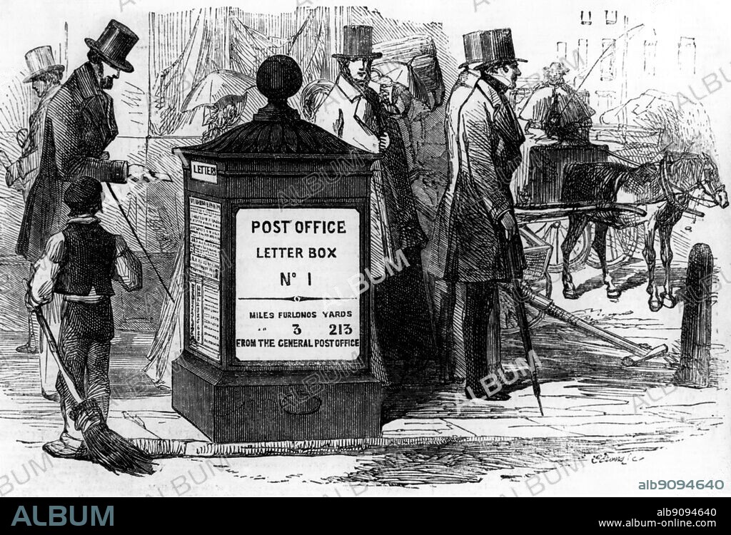 Victorian letter box - 3 furlongs 213 yards from the General Post Office - London's first pillar box on the corner of Fleet Street and Farringdon Street. Designed by A. E. Cowper in 1855-57. ©TopFoto.
