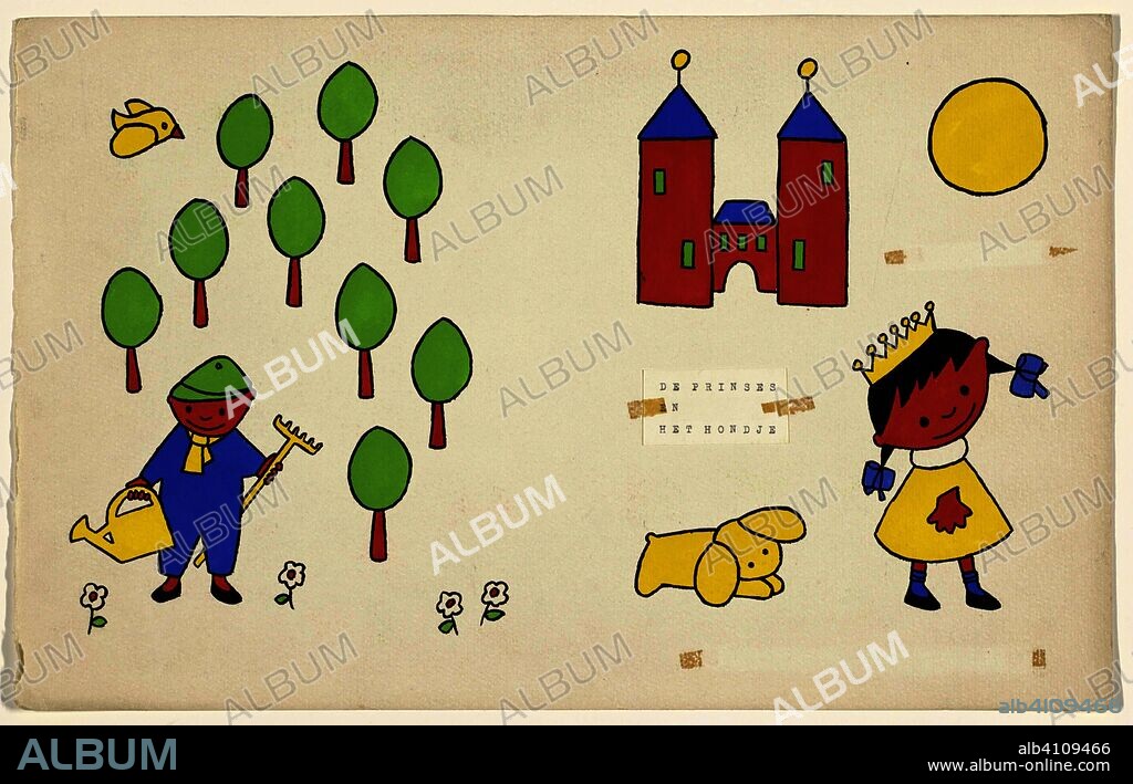 De prinses en het hondje [p. 1] (title on object). Draughtsman: Dick Bruna. Dating: 1954. Measurements: h 282 mm × w 445 mm.