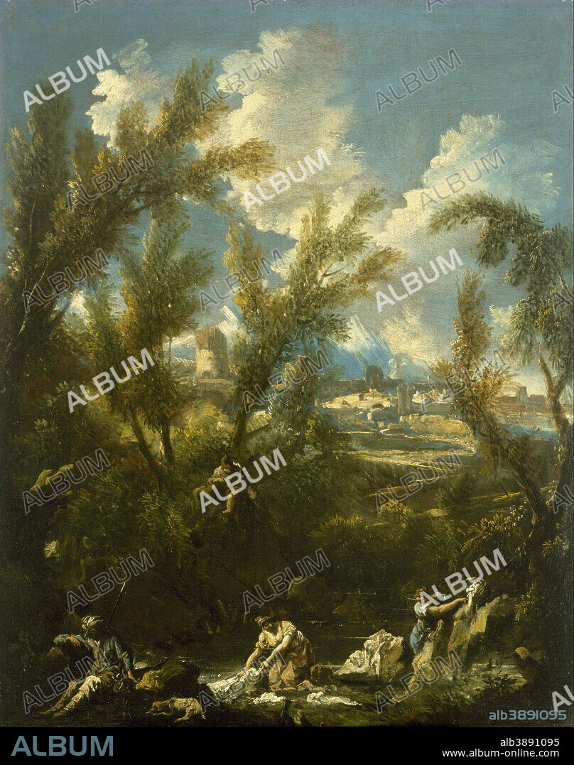 ALESSANDRO MAGNASCO. Landscape with Washerwoman. Date/Period: 1710/1720. Painting. Oil on canvas. Width: 57.8 cm. Height: 73.2 cm (without frame).