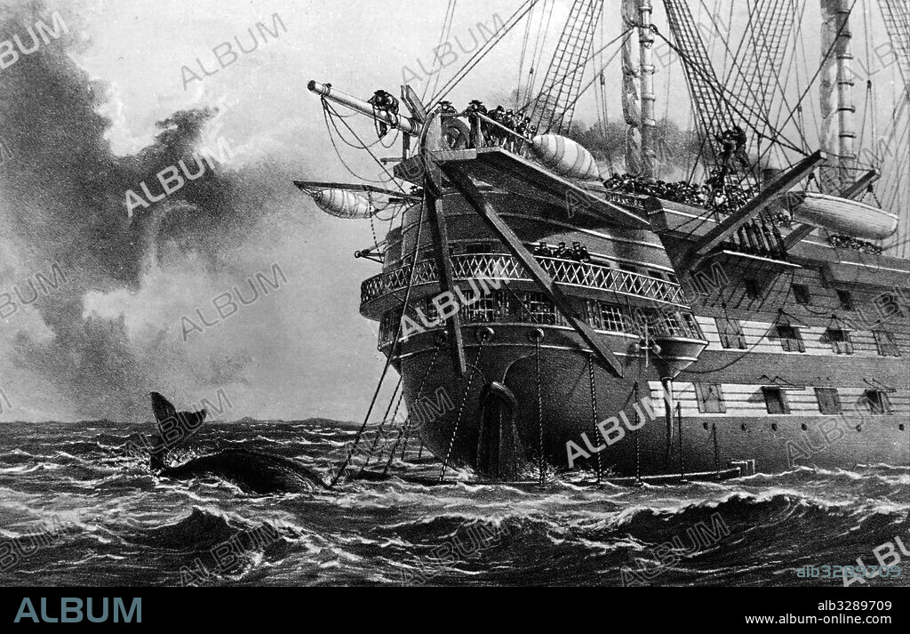 Engraving depicting the 'HMS Agamemnon' after laying down the cable for the Atlantic Telegraph. Dated 19th Century.