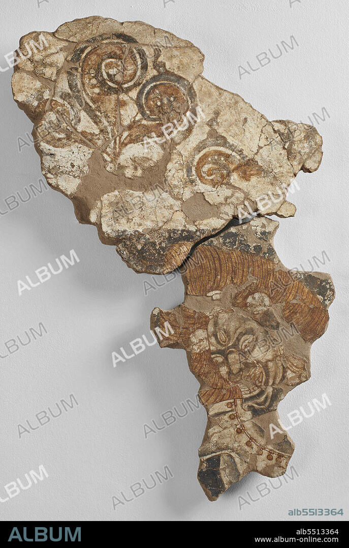 SOGDIAN ART. Fragment of a mural with a three-eyed demon with skulls in their hair.