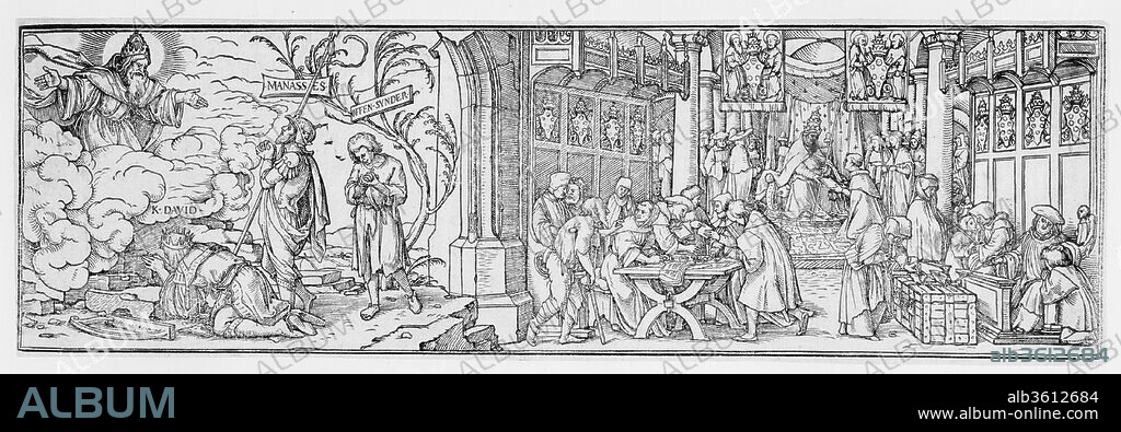 The Selling of Indulgences. Artist: Designed by Hans Holbein the Younger (German, Augsburg 1497/98-1543 London). Dimensions: Sheet: 3 1/4 × 10 5/8 in. (8.3 × 27 cm). Date: 16th century.