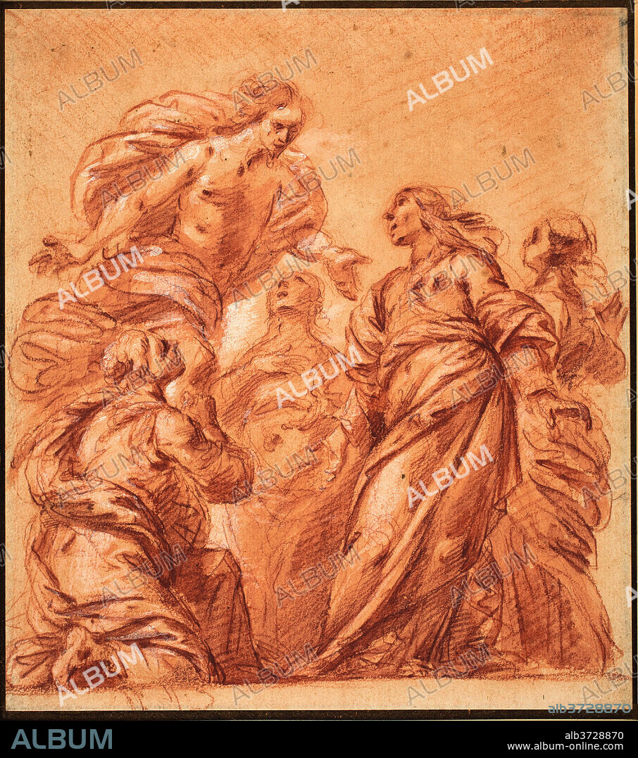 BARTOLOMEO BISCAINO. Christ Appearing to the Three Marys. Dimensions: sheet: 25.6 x 22.8 cm (10 1/16 x 9 in.). Medium: red chalk with red wash and white heightening on laid paper.