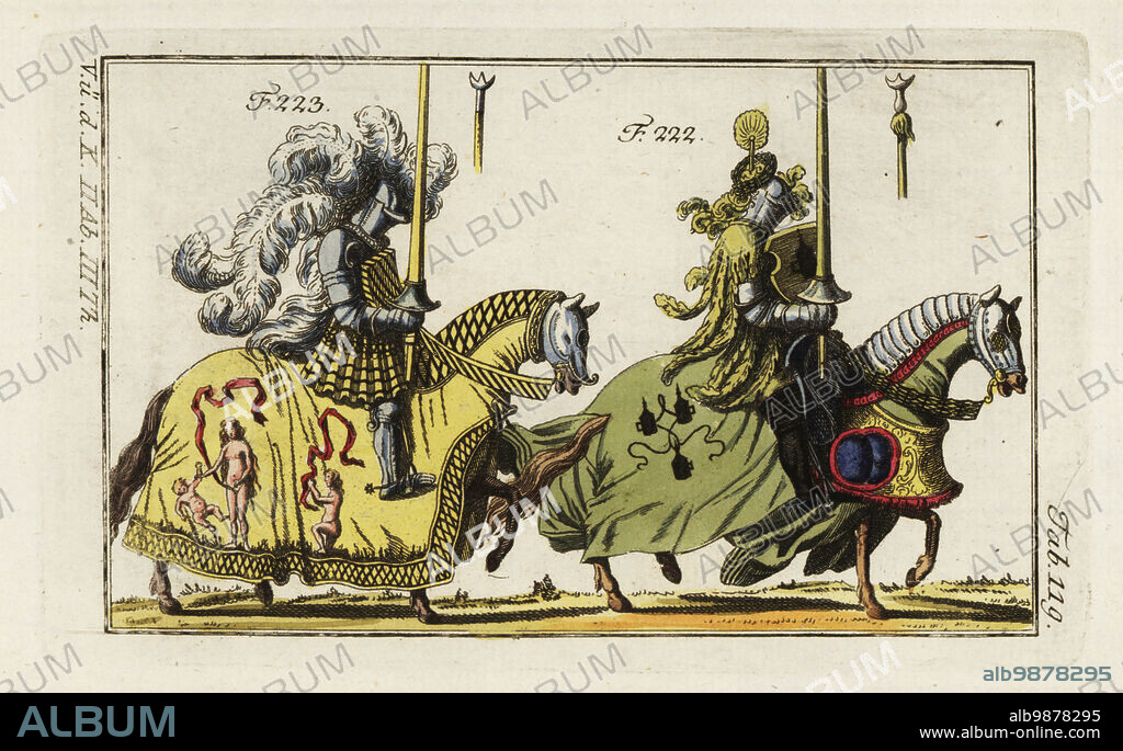 Two knights in armor for high-barde and Italian jousts. The knight on the left is from a joust with high barde (high saddle armor) 223. He wears a suit of armor, yellow hatched tunic with black skirt and breast armor, massive white plumes on his helm. His horse caparison blazon is yellow with black-hatched borders and two naked women with pink ribbons and a baby. The knight on the right is from an Italian joust 222. He wears a pale green tunic and helmet feathers, his horse a green caparison decorated with three grenades. Both carry three-pronged coronet lances. Copied from the Freydal of Maximilian I and the Turnierbuch of Jeremias Schemel, 16th century. Handcolored copperplate engraving from Robert von Spalart's Historical Picture of the Costumes of the Principal People of Antiquity and Middle Ages, Vienna, 1802.