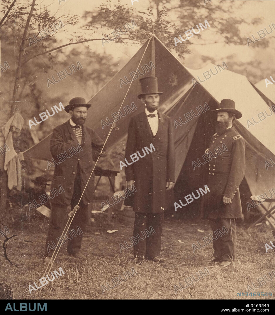 [President Abraham Lincoln, Major General John A. McClernand (right), and E. J. Allen (Allan Pinkerton, left), Chief of the Secret Service of the United States, at Secret Service Department, Headquarters Army of the Potomac, near Antietam, Maryland], October 3, 1862, Albumen silver print from glass negative, Image: 20 x 18.5 cm (7 7/8 x 7 5/16 in.), Photographs, Alexander Gardner (American, Glasgow, Scotland 1821–1882 Washington, D.C.).