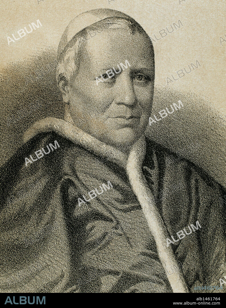 PIO IX (Senigallia,1792-Roma,1878). Papa italiano, de nombre Giovanni Maria Mastai-Ferretti. Elegido en 1846, era cardenal (1832) y obispo de Imola (1832), después de haberlo sido de Spoleto (1827). Convocó el Concilio Vaticano I (1869-70). Su pontificado es el más largo de la historia. Grabado por J. Vallyo.