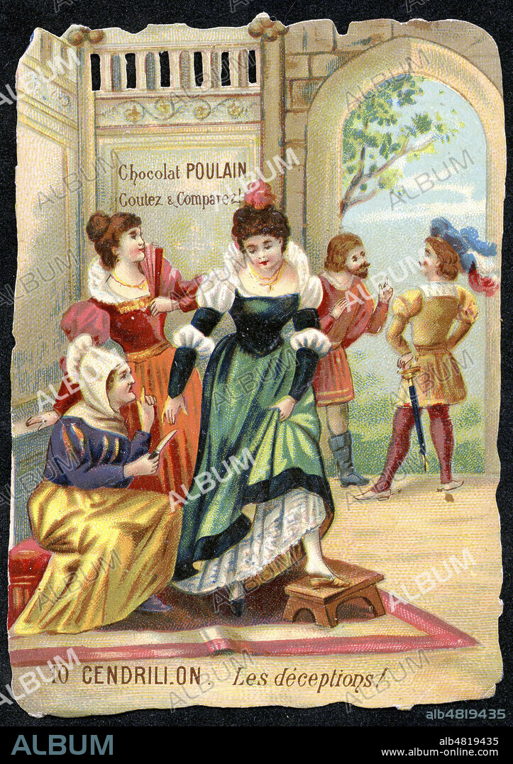 10 - CENDRILLON : les deceptions ! Les soeurs de Cendrillon n'arrivent pas a chausser la pantoufle de vair. Conte des freres GRIMM (ce n'est pas une marraine fee qui aide la jeune fille ou donne la robe mais des oiseaux sur la tombe de la mere morte, a la difference du conte de Perrault) - Serie de 12 chromos decoupis imagerie enfantine fin 19eme siecle, presentes dans les tablettes de choc. Credit COllection KHARBINE TAPABOR.