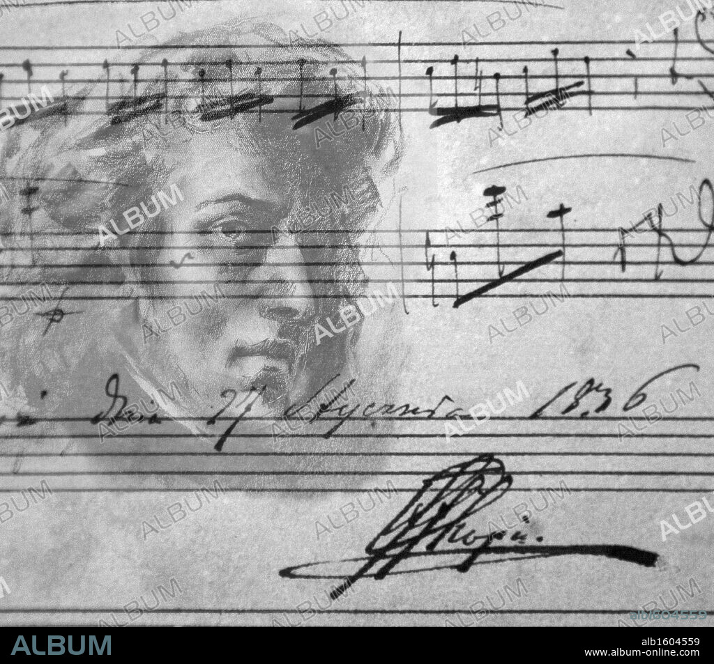 Collage of Frederic Chopin portrait and original musical score, Royal Carthusian Monastery, Mallorca, Spain.