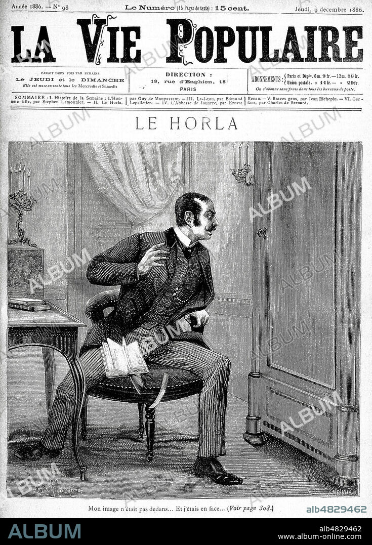 ' Mon image n'etait pas dedans et j'etais en face ' Face au miroir. LE HORLA par Guy de MAUPASSANT (1850-1893). Illustration de MOUCHOT pour La Vie populaire de 1886. Credit : Collection KHARBINE-TAPABOR.