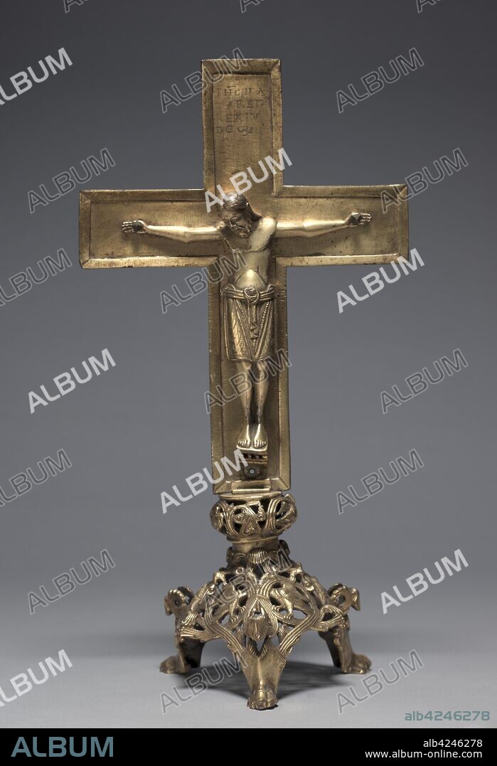 Altar Cross with Stand, 1140-1150. Germany, Lower Saxony, Hildesheim?, Romanesque period, 12th century. Bronze: cast, gilded, engraved, and chased; overall: 43.4 x 22.5 x 8 cm (17 1/16 x 8 7/8 x 3 1/8 in.).