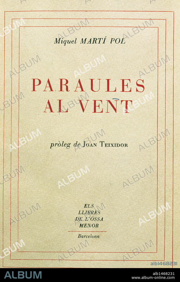 Miquel Marti Pol (1929-2003). Spanish poet. Paraules al Vent (Words to the WInd). Title cover. Barcelona, 1954.