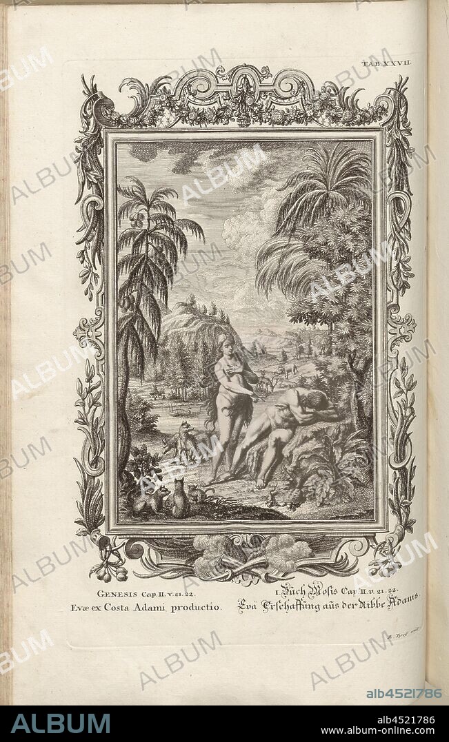 The production of Eve from Adam's rib, Parallel Title: Eva Creation from the Ribbe Adams, Signed: M. Tyroff sculp, Copperplate, Plate XXVII (Vol. 1), Füssli, Johann Melchior; Tyroff, Martin (sculp.), 1731, Johann Jakob Scheuchzer: Kupfer-Bibel (...). Augspurg und Ulm: gedruckt bey Christian Ulrich Wagner, 1731-1735.