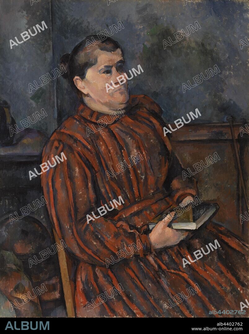 Paul Cézanne: Portrait of a Woman (Portrait de femme), Paul Cézanne, c. 1898, Oil on canvas, Cézanne painted many portraits of working-class people in Provence, his native region in the south of France. Here he depicts a solemn older woman clutching a book, rendering her with a monumentality and dignity that conveys his respect for rural Provençal types. Cézanne sets off the remarkably vivid red-striped dress with patches of green and blue on the wall. Also, notice how he rhymes the roundness and solidity of her form with that of the cauldron on the floor behind her, suggesting a parallel between the functional object and the steadfast presence of this plain woman., Overall: 36 3/4 x 28 7/8 in. (93.3 x 73.3 cm).
