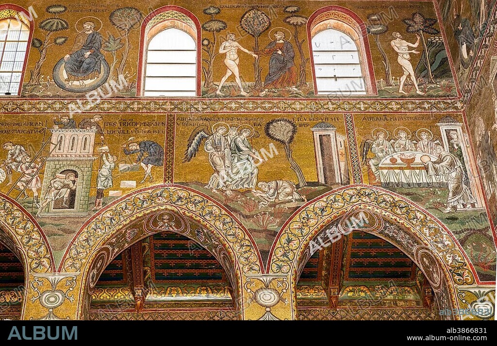 Byzantine mosaics, God rests, God leads Adam into earthly paradise, below the Tower of Babel, Abraham meets the three angels, Abraham entertains the angels, Old Testament, Monreale Cathedral or Santa Maria Nuova Cathedral, Monreale, Province of Palermo, Sicily, Italy