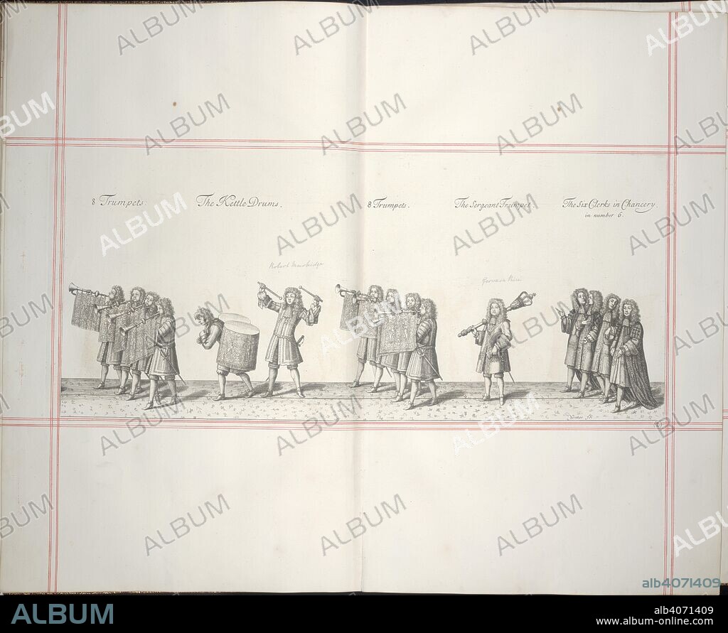FRANCIS SANDFORD. Part of the formal procession for the coronation of James II: trumpets; the kettle drums; trumpets; the sergeant trumpet; the six clerks in Chancery. The History of the Coronation of ... James II. ... and of Queen Mary. T. Newcomb: In the Savoy, [London,] 1687. Source: G.8188, +088. Language: English.