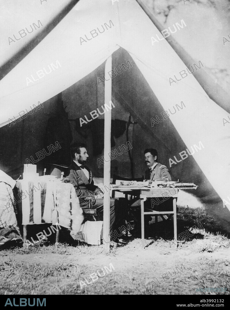 President Lincoln in General McClellan's tent after the Battle of Antietam, American Civil War, 1862. McClellan (1826-1885) was commanding general of the Union army in the early part of the American Civil War. Frustrated by what he perceived as his excessive caution, Lincoln relieved McClellan of command after he failed to destroy Robert E Lee's Confederate army at the Battle of Antietam in September 1862.