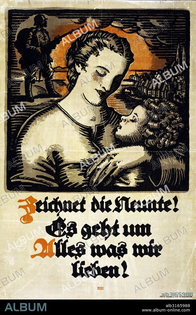 Lithograph, colour, print, poster, showing a woman holding a child;in the background a soldier and a German town. Text : Subscribe to the ninth war loan! It is for everything we hold dear! By Lucian Bernhard (1883-1972).