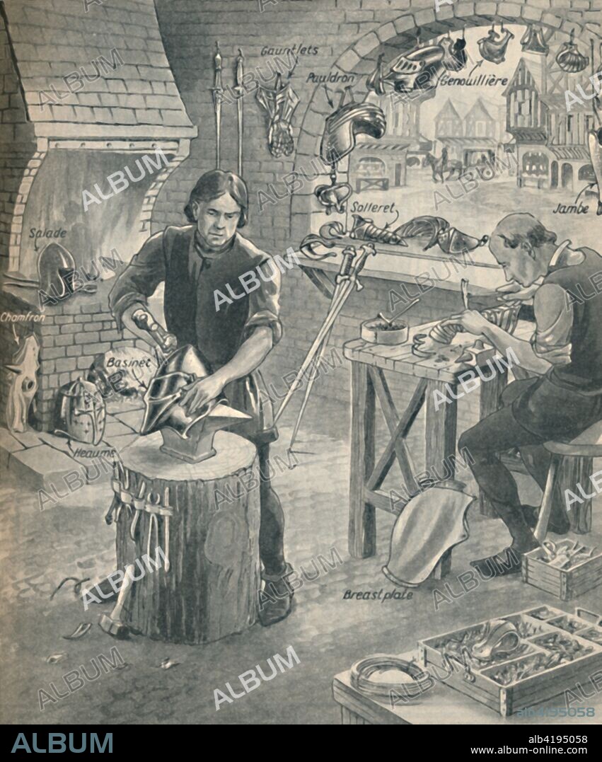 'Making Armour for the Knights of Old', c1934. Illustration showing an armourer's workshop containing a forge and anvil, and pieces of armour. The accompanying text describes the parts: 'a pauldron was a covering for the shoulders, a genouillière was a protection for the knees, a jambe was a leg covering, a solleret a defence for the feet, a chamfron was a metal covering for a horse's face'. From The Romance of the Nation, Volume One, edited by Charles Ray. [The Amalgamated Press, Ltd., London, c1934].