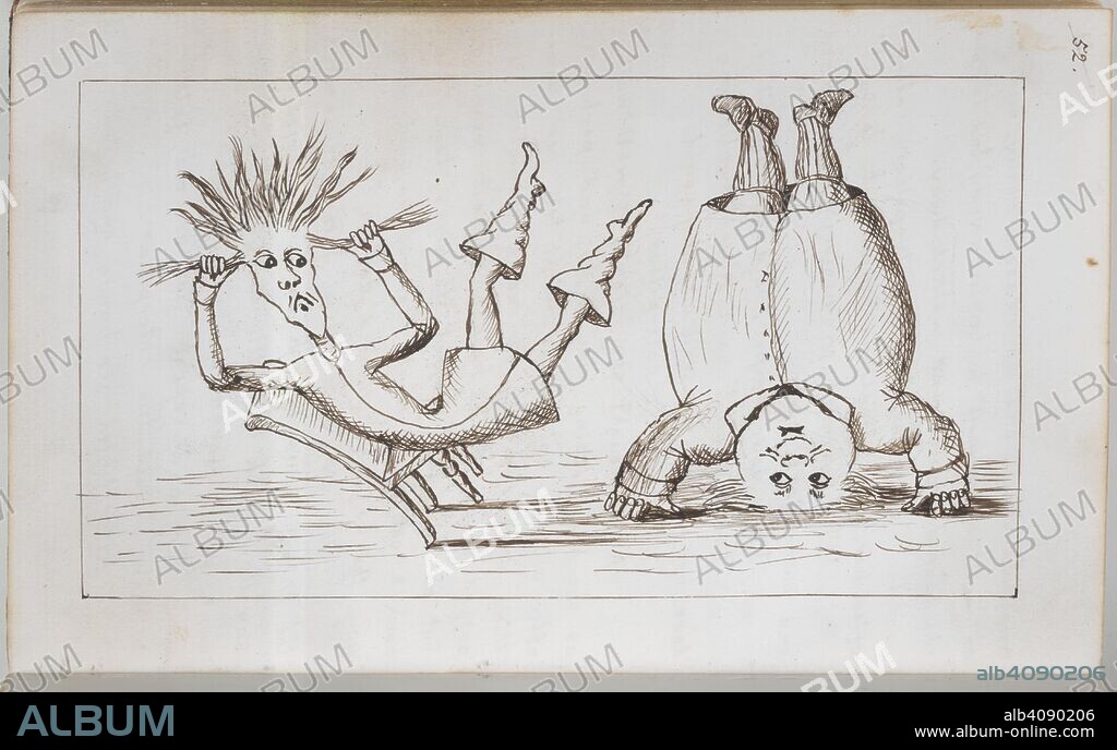 CHARLES LUTWIDGE DODGSON and DODGSON, CHARLES LUTWIDGE, PSEUD. LEWIS CARROLL. Father William stands on his head. Alice's Adventures Under Ground [in Wonderland]. England [Oxford]; 1862-1864. [Whole folio] Drawing from Chapter III: Father William demonstrates his agility to the youth by standing on his head  Image taken from Alice's Adventures Under Ground [in Wonderland].  Originally published/produced in England [Oxford]; 1862-1864. . Source: Add. 46700, f.27v. Language: English.