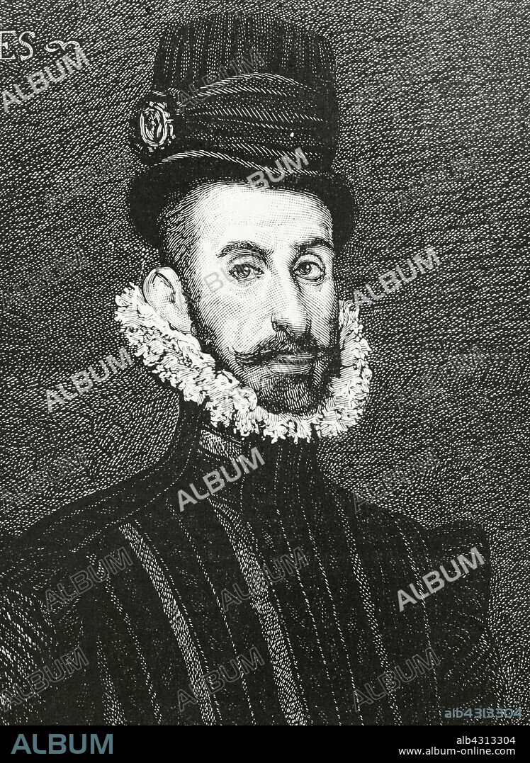 ARTURO CARRETERO (CA. 1852-1903). SPANISH ENGRAVER AND XYLOGRAPH.. Hernán Cortés (1488-1547). Spanish conquistador of the Aztec empire. Portrait. Engraving by Arturo Carretero (1852-1903) after a painting that belonged to the gallery of the Marquis of Salamanca. Detail. La Ilustración Española y Americana (The Spanish and American Illustration). Supplement to issue I. January, 1884.