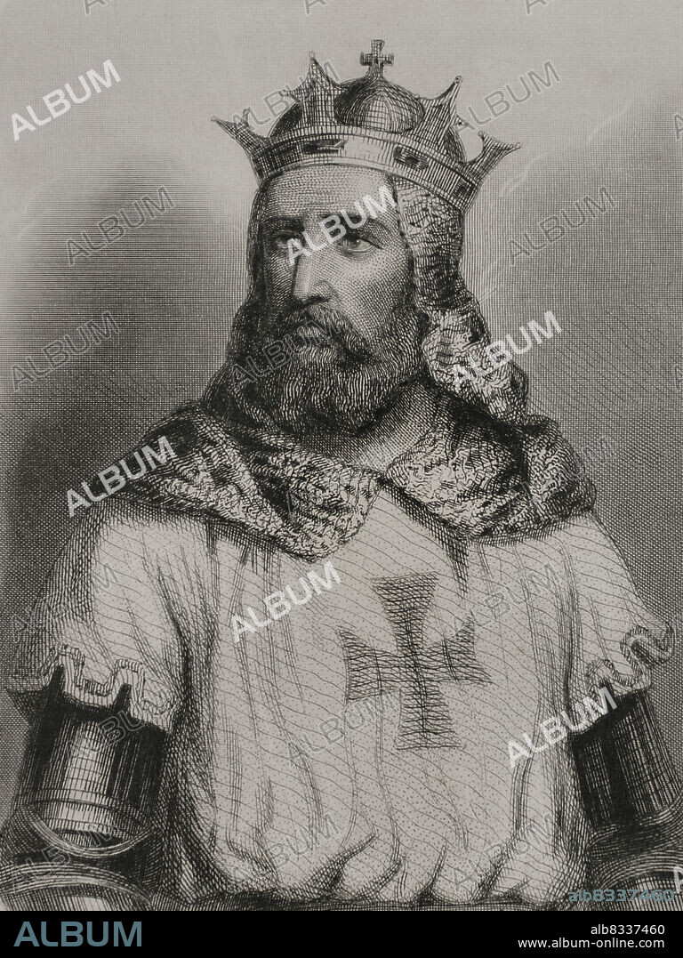 CHARLES GEOFFROY (1819-1882). FRENCH ENGRAVER.. Godofredo de Bouillón (1060-1100). Líder militar durante la Primera Cruzada. Primer gobernante del Reino de Jerusalén (1099-1100), eligiendo para su mandato el título de "Defensor del Santo Sepulcro". Retrato. Grabado por Geoffroy. Historia Universal, por César Cantú. Tomo III, 1855.