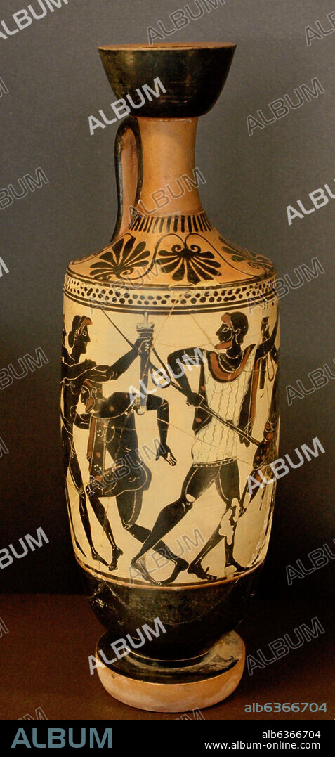 PINTOR DE EDIMBURGO. COMBATE DE AYAX Y ULISES POR LAS ARMAS DE AQUILES - LEKHYTOS DE FONDO BLANCO - CERAMICA ATICA - 500 AC - PROCEDENTE DE ERETRIA.