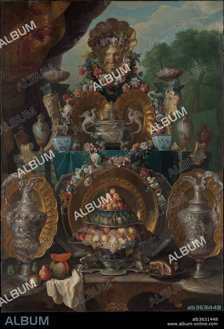 ALEXANDRE FRANCOIS DESPORTES. Still Life with Silver. Artist: Alexandre François Desportes (French, Champigneulle 1661-1743 Paris). Dimensions: 103 x 73 3/4 in. (261.6 x 187.3 cm).
Trained as a painter of animals and favored by both Louis XIV (1638-1715) and Louis XV (1710-1774), Desportes achieved fame not only for his hunting scenes but also for his opulent still lifes. This picture, probably painted in the 1720s, belongs to a type showing a buffet laden with an array of objects in silver, porcelain, and semi-precious stone as well as fruit--such as might have been displayed for a banquet. The objects may record actual pieces owned by the patron: the dragon-handled tureen and vermeil salvers are in the Régence style (ca. 1715-23).