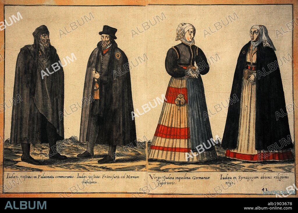 Jewish community. 18th century. Jews in traditional dress. Three of them are marked by a yellow ring to know they were Jews. Engraving.
