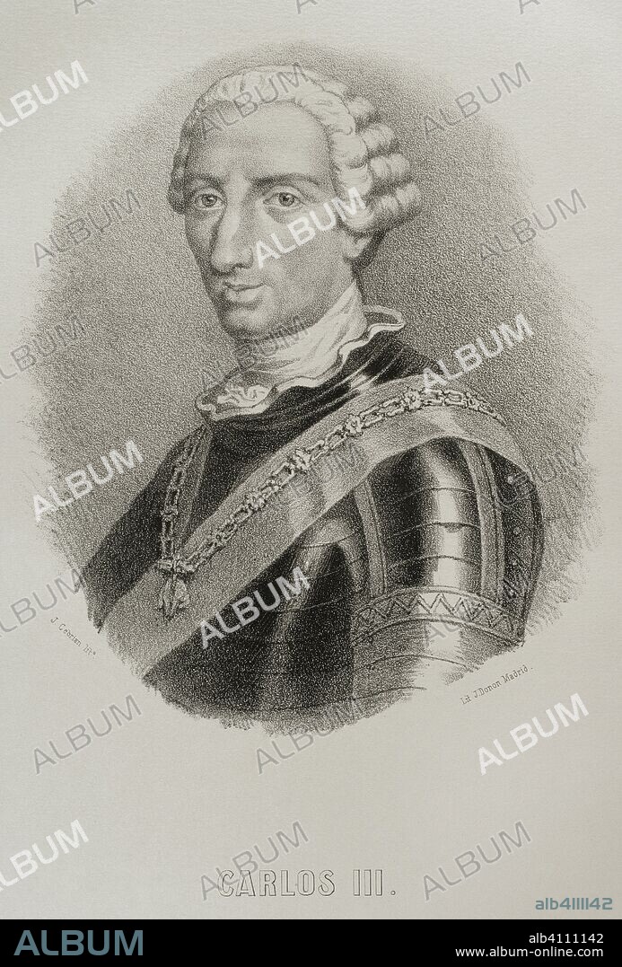 Carlos III de España (1716-1788). Rey de España desde 1759. Dibujo por J. Cebrian. Litografía. Retrato. Crónica General de España, Historia Ilustrada y Descriptiva de sus Provincias. Castilla-La Nueva, 1869. Biblioteca Histórico Militar de Barcelona, Cataluña, España.