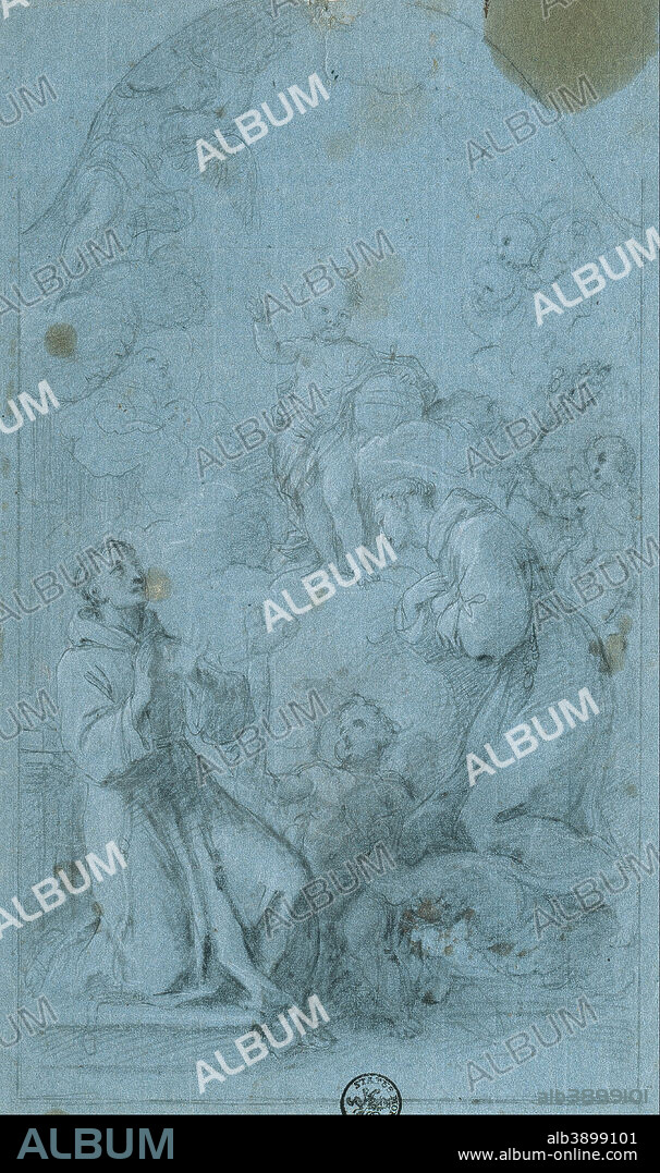 GIOVANNI AGOSTINO RATTI. Saint Peter of Alcantara and Saint Anthony of Padua Worship the Christ Child. Date/Period: 1728. Drawing. White chalk and black chalk on blue paper. Height: 420 mm (16.53 in); Width: 252 mm (9.92 in).