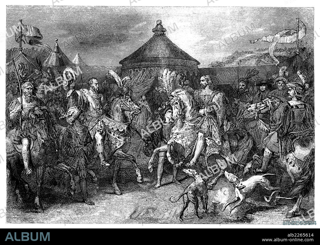 Francia. Entrevista en el Campo del Drap d'Or entre los reyes Enrique VIII de Inglaterra (1491-1597) y Francisco I de Francia (1494-1547) el 7 de junio de 1520. Grabado de 1853.