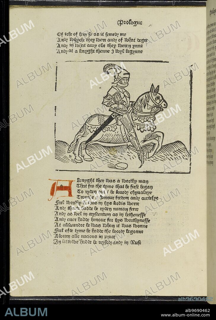 Prologue page of the Canterbury Tales, with an illustration of a knight, on horseback. Canterbury Tales.