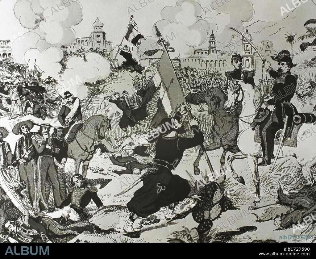 CAMPAÑA DE MEXICO. "TOMA DEL FUERTE DE SAN JAVIER EN LA LOCALIDAD DE PUEBLA, MEXICO, DEL 25 AL 29 DE MARZO DE 1863". Grabado de la época. Biblioteca Nacional. París. Francia.