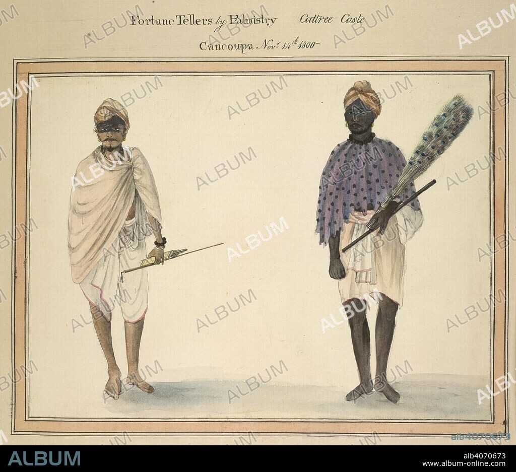 Fortune Tellers by Palmistry. Album of 82 drawings depicting the costume of vari. 1800 - 1801. Fortune Tellers by Palmistry, Cattree Caste, Cancoupa. Novr 14th 1800.  Image taken from Album of 82 drawings depicting the costume of various castes in Balaghat, Carnatic. 1800-01.  Originally published/produced in 1800 - 1801. . Source: WD 1069, f.66(61).