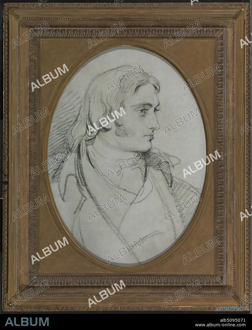 Portrait of William Lock II of Norbury Park, Surrey, Sir Thomas Lawrence, 17691830, British, ca. 1800, Oiled charcoal and blue-gray ground on canvas, Frame: 34 1/2 x 28 x 3 1/4 inches (87.6 x 71.1 x 8.3 cm) and Sheet: 26 x 19 inches (66 x 48.3 cm), coat, costume, gaze, long hair, man, portrait, posing, shirt, solemn.