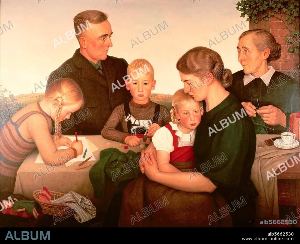 ADOLF WISSEL. Wissel, Adolf; German painter; 19.4.1894 - 17.11.1973. "Kahlenberger Bauernfamilie" (Kahlenberg Farming Family). Oil on canvas, 150 × 200 cm. Painting, 1939. Property of the German Federal Republic.